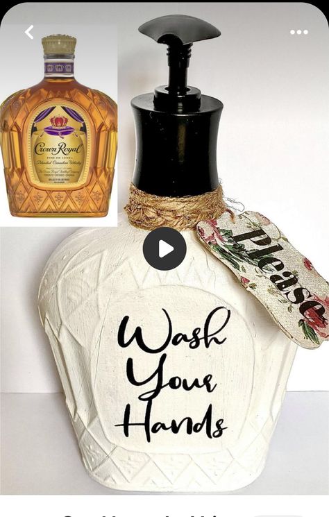 Recycled Liquor Bottles Diy Ideas, Reuse Liquor Bottles Diy, Repurposed Wine Bottles Diy, Whiskey Bottle Soap Dispenser Diy, Cricut Liquor Bottle, Diy Western Kitchen Decor, Crown Royal Pumpkin Bottle, Cricut Soap Dispenser Ideas, Crown Bottle Ideas