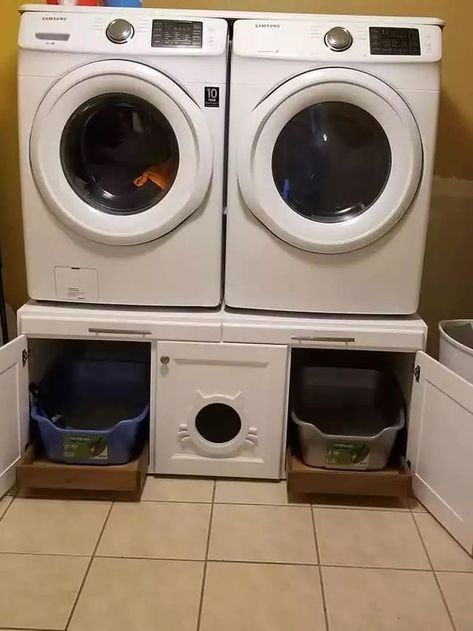 #storage #organization #laundryroomdesign Pedestal Ideas, Washer Dryer Pedestal, Laundry Room Pedestal, Washer And Dryer Pedestal, Hidden Litter Boxes, Small Laundry Room Organization, Laundry Pedestal, Dream Laundry Room, Laundry Room Closet