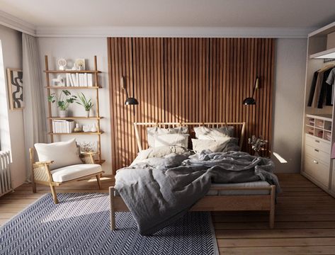 A lesser known, yet highly regarded hidden gem of the interior design world is the wood slat wall panel. These feature walls combine elegant, sleek lines with authentic wood grain, creating a timeless intersection of natural and human design. Vertical Slats Wall, Wood Panel Bedroom, Wall Behind Bed, Wood Feature Wall, Feature Wall Bedroom, Wood Slat Wall, Bedroom Trends, Slatted Headboard, Headboard Wall