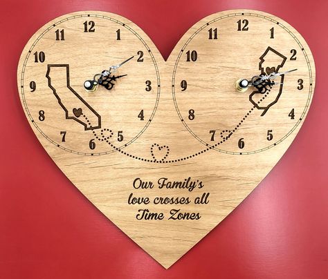 Fully personalized heart or rectangular clock, Valentine's Day gift. Time Zone, Family Love wedding gift, anniversary gift, customizable, add your own text. Our clocks are made from solid hardwoods not laminates or plywood. Laser Studio, Time Zone Clocks, Heart Clock, Engraved Clock, Red Clock, Personalized Clocks, Clock Home Decor, Laser Engraved Gifts, Home Decor Wall Hanging