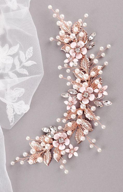 Rose Gold Hair Accessories Wedding, Rose Gold Wedding Hair Piece, Rose Gold Wedding Jewelry Bride, Bride Hair Piece Accessories, Rose Gold Bridal Hair Piece, Gold Wedding Hair Accessories, Wedding Rose Gold Theme, Rose Gold Wedding Accessories, Wedding Flower Hair Pieces