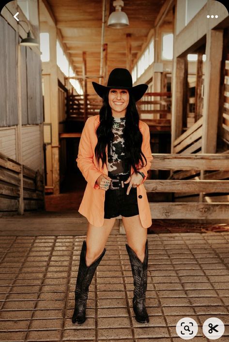 Western Blazer Outfit, Orange Blazer Outfits, Nfr Outfits, Western Boots Outfit, Western Glam, Cowgirl Style Outfits, Orange Blazer, Country Style Outfits, Western Wear Outfits