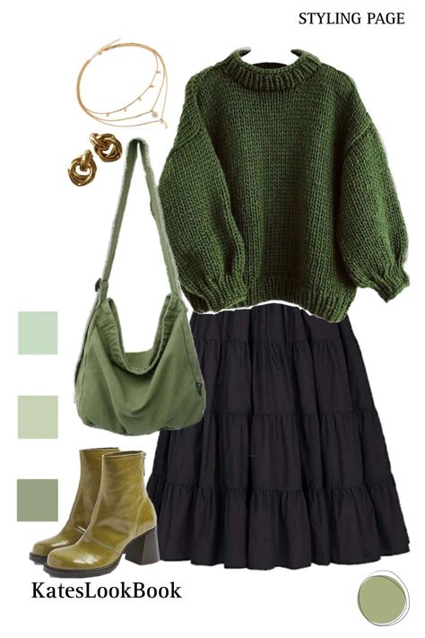 Boho Skirt Outfit Fall, Green And Black Outfits For Women, Green Witch Aesthetic Outfit, Girly Outfits Modest, Highschool Outfit Ideas, Fall Witchy Outfits, Boho Skirt Outfit, Aesthetic Back To School Outfits, Grunge Outfits Fall