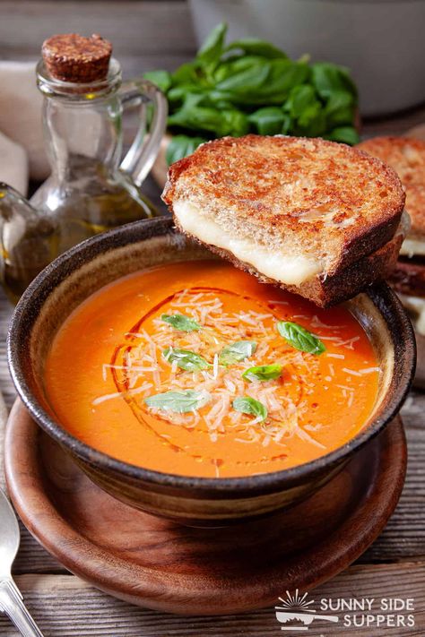 Make a golden, crisp grilled cheese sandwich full of melty cheddar and mozzarella, then serve it with a hot bowl of homemade tomato soup! Cheddar Grilled Cheese, Tomato Soup From Scratch, Tomato Soup Grilled Cheese, Easy Tomato Soup Recipe, Homemade Tomato Soup, Perfect Grilled Cheese, Parmesan Rind, Tomato Soup Homemade, Fool Proof Recipes