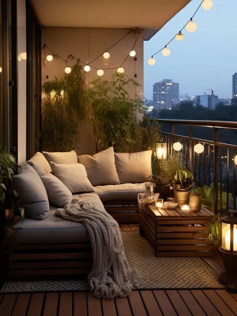 High Balcony Ideas, Outdoor Seating Balcony, Long Balcony Decor, Terrace Apartment Ideas, Led Lights Balcony, Apartment Balcony Lighting Ideas, Balcony Inspo Decorating Ideas, Patio Design Apartment, Outdoor Balcony Lights