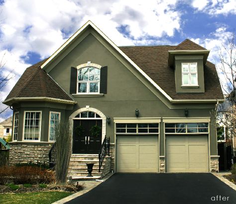 Grey Shutters, Sage Green House, Green Exterior House Colors, Green House Exterior, White Shutters, Painted Brick House, Brown Roof, Exterior House Color, Stucco Homes