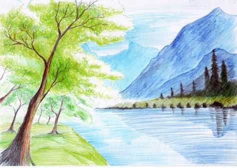 Landscape Drawings in Pencil | Landscape with color pencil Nature Drawing Pictures, Easy Nature Drawings, Pencil Drawings Of Nature, Gambar Lanskap, Landscape Pencil Drawings, Drawing Scenery, Nature Background Images, Nature Art Drawings, Pencil Sketch Drawing