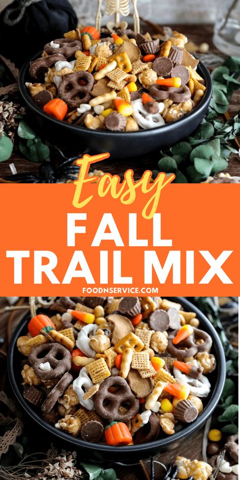 My fall trail mix is perfect treat that you can make it no time! You can choose and mix up your own little favorite candy to add into too, or even add different flavors of chex mix. via @foodnservice Trail Mix Without Raisins, Easy Homemade Chex Mix Recipe, Crock Pot Trail Mix Recipes, Snack Mix For Tailgate, Camping Trail Mix Ideas, Food To Make Camping, Trail Mix With Captain Crunch, Fall Snack Mix Ideas Sweet And Salty, Easy Trail Mix For Kids