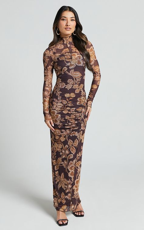 Get ready to turn heads in the Vivian Midi Dress! This stunning bodycon dress features a high neck and long sleeves, perfect for keeping it classy while showing off your killer style. The amber bloom print adds a touch of femininity, while the mesh material gives it an edgy twist. Made from polyester, this dress is comfortable and durable, making it ideal for both casual outings and special occasions. Whether you dress it up with heels or keep it cool with sneakers, this midi dress is guaranteed Long Sleeve Dresses Fall, Red Sequin Dress, Long Sleeve Mesh Dress, Basic Black Dress, Neon Outfits, Bachelorette Dress, Spring Maxi Dress, Keep It Cool, Navy Bridesmaid Dresses