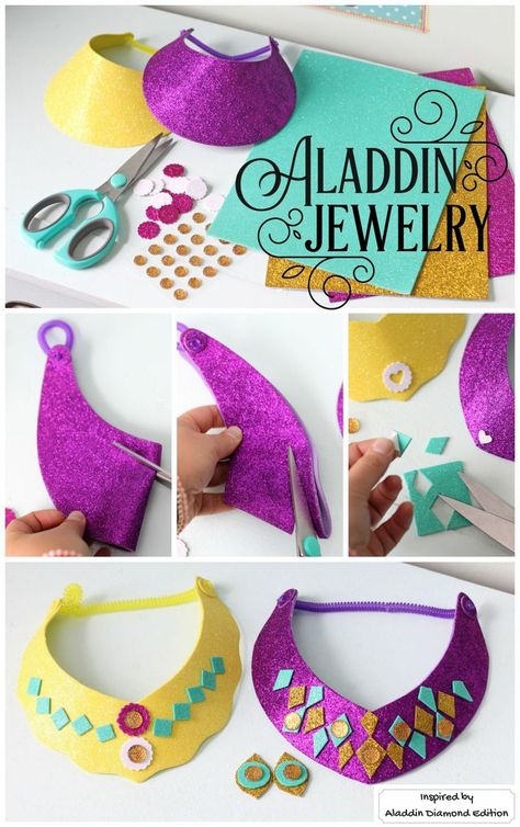 Easy to make glitter Princess Jasmine necklace and stick on earrings craft. Mess free, perfect Aladdin party kids craft. Inspired by Disney’s Aladdin Diamond Edition. Now on Blu-ray™, Digital HD & Disney Movies Anywhere. Princess Jasmine Party, Aladdin Et Jasmine, Aladdin Birthday Party, Princess Jasmine Birthday Party, Arabian Nights Party, Princess Jasmine Birthday, Aladdin Party, Jasmine Party, Aladdin Costume