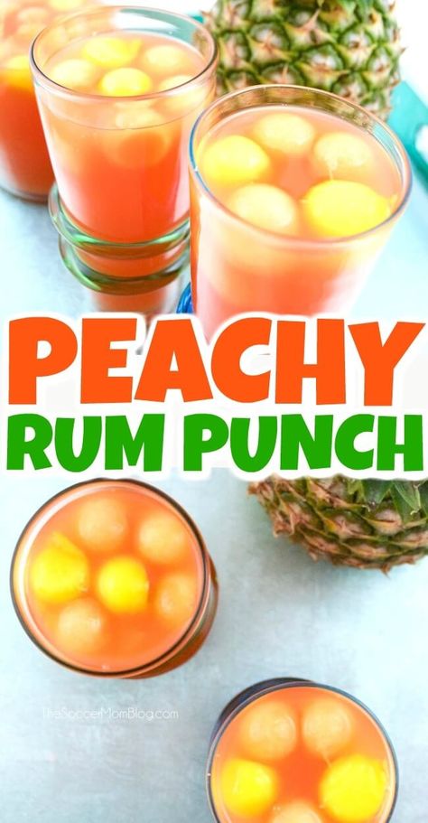 This easy peach rum punch is the perfect tropical flavored summer party cocktail recipe - and it never gets watered down, thanks to our fruit "ice!" Luau Punch Alcohol, Peach Rum Cocktail, Peach Rum Drinks Recipes, Peach Punch Alcoholic, Rum Pitcher Drinks, Peach Rum Drinks, Luau Drinks Alcoholic, Peach Party Punch, Hawaiian Punch Cocktail