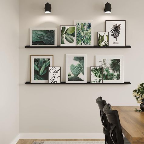 Picture Frames Collage Wall Decor Picture Frame Floating Shelf, Black Photo Ledge, Black Picture Ledge, Picture Ledge With Lights, Large Picture Frame Ideas Living Room, Kitchen Collage Wall Ideas, Corner Photo Gallery Wall, Picture Ledge Layout, Picture Ledge Styling