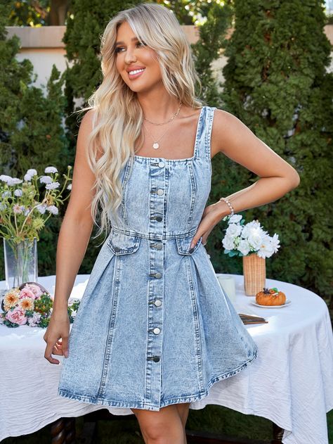 Light Wash Casual  Sleeveless Denim Plain A Line Embellished Non-Stretch  Women Denim Flare Dress Outfit, Denim Dress Casual, Jeans Gown, Jeans Dress Outfit, Flare Jeans Style, Denim Jeans Outfit, Frock Style, Sleeveless Denim Dress, Womens Denim Dress