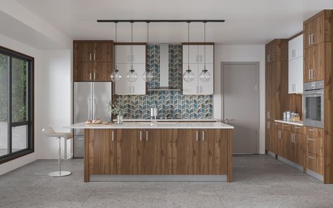 White And Walnut Kitchen, Midcentury Kitchen Remodel, Veneer Kitchen, White Kitchen Interior Design, Kitchen Door Styles, Frameless Kitchen Cabinets, Walnut Kitchen Cabinets, Walnut Laminate, Modern Wood Kitchen