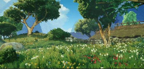 Creating stylized art inspired by Ghibli using Unreal Engine 4 – Kids With Sticks Game Landscape Concept Art, Stylized Art, House Cartoon, 3d Environment, Material Library, Landscape Elements, Landscape Construction, Landscape Concept, Fantasy House