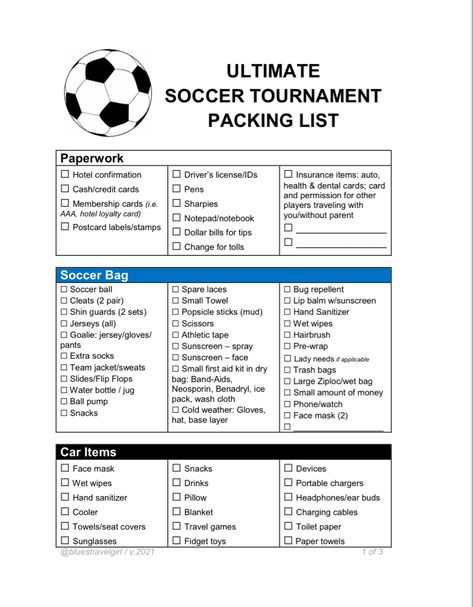 With this checklist, never forget another item when traveling to an out of town soccer tournament or event. Out Of Town Soccer Tournament, Soccer Manager Ideas, Soccer Trip Packing List, Travel Soccer Mom, Soccer Mom Checklist, Travel Soccer Packing List, Soccer Tournament Ideas, Sports Tournament Packing List, Soccer Packing List