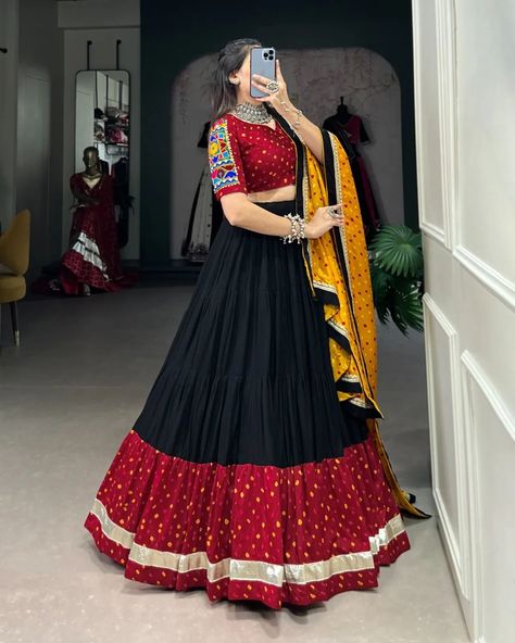 "Own the Garba night in our stunning black Navratri outfits! Dazzle with bold elegance and make unforgettable moves! #weareffortlessly #NavratriCollection2024 #GarbaVibes #BlackBeauty #FestiveFashion #NavratriStyle #DanceTheNight #GarbaNight #NavratriGlam" ▪️Lehenga (Stitched) Lehenga Fabric : Pure Rayon And Dola Silk Lehenga Work : Plain And Bandhej Print With Embossed Design Gota Lace Touch Up Lehenga Waist : Support Up To 42 Lehenga Closer : Drawstring With Zip Stitching : Stitched With ... Chaniya Choli Designs Navratri, Navratri Outfits, Short Kurti Designs, Bandhej Print, Garba Outfit, Choli Blouse Design, Chaniya Choli Designs, Navratri Lehenga, Choli Dress