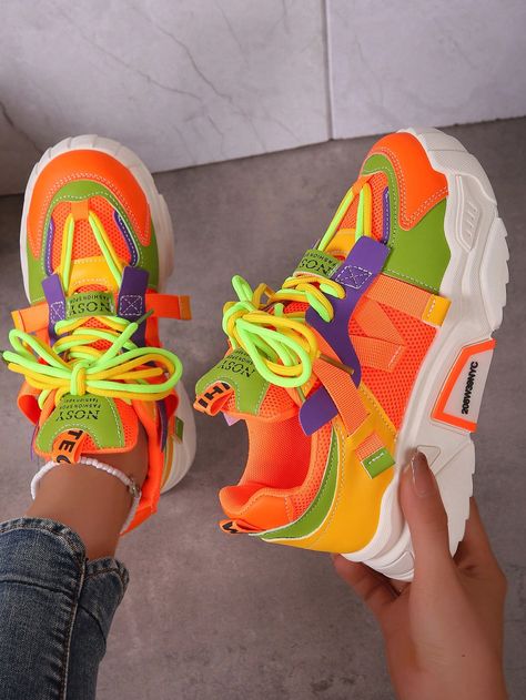 Women's Multicolor Lace-up Chunky SneakersI discovered amazing products on SHEIN.com, come check them out! Hidden Heel Sneakers, Women Sports Shoes, Sneakers Multicolor, Shoes Heels Classy, Unique Sneakers, Sneaker Lovers, Chunky Shoes, Sneakers Mode, Over 50 Womens Fashion