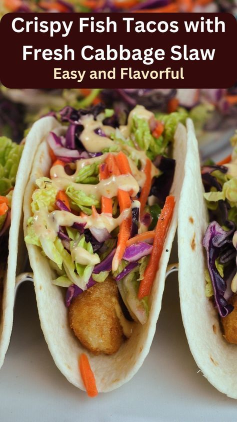 Try these mouthwatering Fish Tacos with Cabbage Slaw for a fresh and delicious meal! Crispy fish fillets paired with tangy cabbage slaw make the perfect combination for a quick and easy dinner. Perfect for Taco Tuesday or any day! #FishTacos #CabbageSlaw #TacoTuesday #EasyRecipes #HealthyEating Fish Taco With Cabbage Slaw, Fish For Lunch Ideas, Fish Taco With Slaw, Quick Cabbage Slaw, Quick Slaw For Tacos, Fish Tacos Slaw Recipe, Crispy Fish Tacos With Cabbage Slaw, Baja Fish Tacos With Cabbage Slaw, Easy Slaw For Fish Tacos