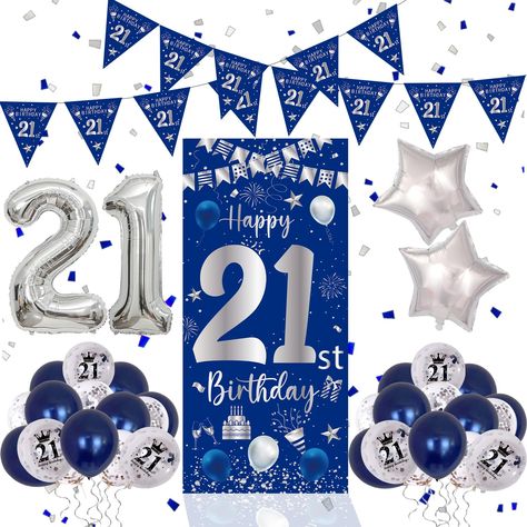 PRICES MAY VARY. 🎉21st Birthday Decorations for Men Boys: There are 1 set of triangle flag banner, 1 happy 21st birthday banner(59 x 27inch), number 21 foil balloons(32inch), 15pcs navy blue latex balloons(10inch), 10pcs silver confetti balloons(12inch), 6pcs silver birthday printed confetti balloons(12inch), 2pcs star balloons. The navy blue themed birthday party set will add more birthday atmosphere to your shiny party. 🍰Eye-Catching 21st Birthday Party Decorations for Him/Her: The 21st birt Boys 21st Birthday Ideas Decorations, 21st Birthday Decorations For Guys, Birthday Decorations For Him, 21st Birthday Boy, 21 Birthday Party Decorations, 21st Birthday Balloons, 21st Birthday Banner, Balloons Blue, Triangle Flag