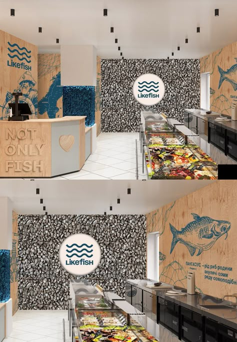 Seafood Shack Design, Fish Store Design, Fish Shop Design, Sea Food Restaurant Design, Fish Restaurant Design, Tea Store Design, Seafood Store, Seafood Shop, Fish And Chip Shop