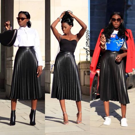 Leather Pleated Skirt Outfit Winter, Black Leather Pleated Skirt Outfit, Leather Pleated Skirt Outfit, Leather Skirt Outfit Fall, Pleated Leather Skirt Outfit, Mid Skirt Outfits, Black Pleated Skirt Outfit, Pleated Midi Skirt Outfit, Pleated Leather Skirt