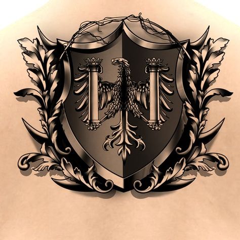 Crest Tattoo Ideas, Family Crest Tattoo Ideas, Crest Tattoo Men, Coat Of Arms Tattoo, Family Crest Tattoo, Bible Quote Tattoos, Heraldic Shield, Shield Designs, Crest Tattoo