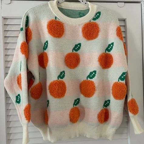 Brand New! Never Worn Cute Crew Neck Sweater With Orange Fruit Fruit Sweater, Lemon Sweater, Fruit Clothes, Fruit Clothing, Cute Crew Neck, Fit Pics, Peach Fruit, Orange Fruit, Fruit Print