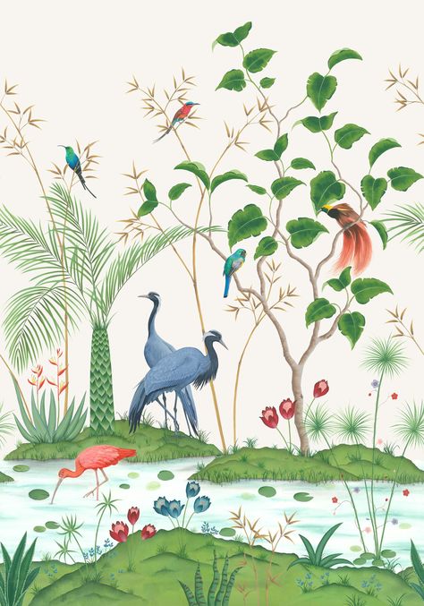 Red Ibis, Mid Century Coastal, Blush Wallpaper, Paradise Garden, Grasscloth Wallpaper, Wallpaper Direct, Exotic Birds, Wallpaper Panels, E Card