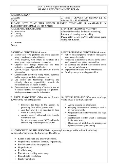 Water GR R LS - Lesson plan - SANTS Private Higher Education Institution GRADE R LESSON PLANNING - Studocu Elementary School Lesson Plans, Vocabulary Lesson Plans, Teacher Lesson Plans Template, Speaking Activities English, Accounting Cycle, Fun Lesson Plans, Planning School, Lesson Plan Examples, Life Skills Lessons