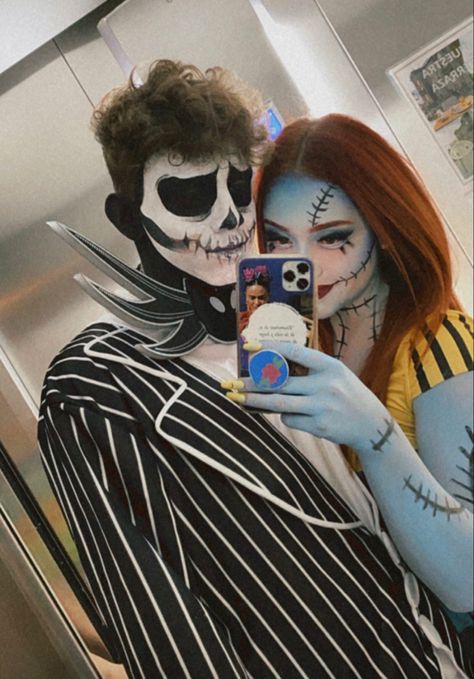 Cute And Easy Halloween Costumes Couples, Chunky And Bride Costume, Halloween Couple Crafts, Dark Haired Couples Costumes, Sally And Jack Costume Couple, Nightmare Before Christmas Couple Costume, Sally And Jack Halloween Costume, Halloween Costumes Couples Brunette, Couple Halloween Face Paint