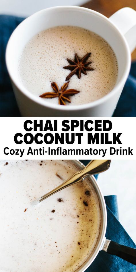 Chai Tea With Coconut Milk, Amarth Recipes, Chai Spiced Coconut Milk, Hot Tea With Milk Recipe, Anti Inflammation Hot Drinks, Winter Paleo Recipes, Gluten Free Cozy Meals, Anti Inflammation Treats, Steamed Food Ideas