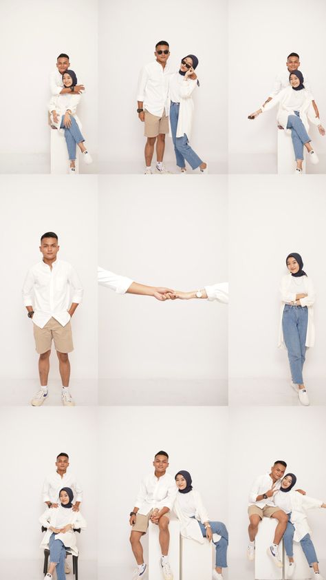 Self Studio Poses Couple, Self Portrait Poses For Couples, Couple Studio Photoshoot Outfit Ideas, Couple Self Studio, Couple Self Portrait Ideas, Self Portrait Poses Couple, Gaya Photobox Couple, Ide Photobox Couple, Inspirasi Foto Couple