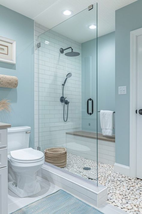 13 Light Blue Bathroom Interior Ideas For Your Inspiration! - My Decor Inspo Cozy Vanity, Blue Shower Tile Ideas, Blue Small Bathrooms, Glass Bathroom Wall, Vanity Nook, Blue Kitchen Interior, Bathroom Dream, Bathroom Interior Ideas, Blue Bathroom Interior