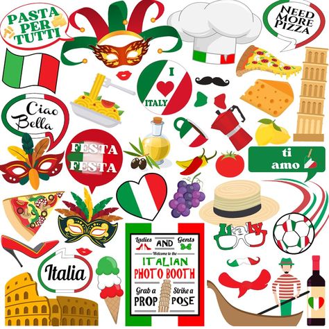 Italy Party Decorations, Italy Photo Booth, Italian Photo Booth, Italy Decorations, Italian Pizza Party, Italian Birthday Party, Italy Party Theme, Italian Party Decorations, Italian Baby Showers