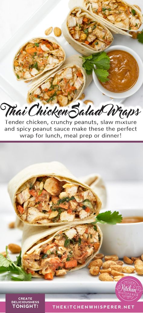 Tender chicken, crunchy peanuts, slaw mixture, and spicy peanut sauce make these the perfect wrap for lunch, meal prep or dinner! thai chicken wraps lettuce, crunchy thai chicken wraps, meal prep wraps, spicy peanut sauce , peanut thai wraps, spicy thai chicken wraps, sauce for chicken wraps, chicken salad, thai chicken salad Thai Wraps, Thai Chicken Wraps, Turkey Entrees, Meal Salads, Wraps Chicken, Deli Ideas, Asian Chicken Wraps, Summer Lunches, Salad Wrap