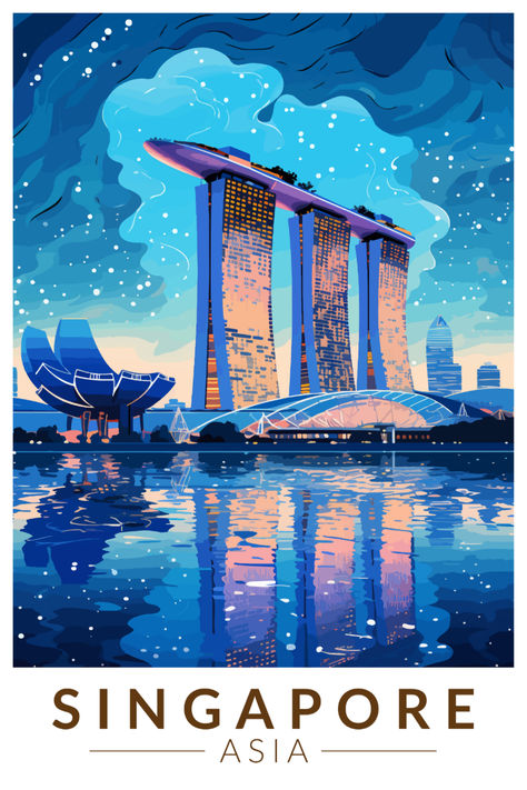 Vintage-style poster showcasing the iconic Marina Bay Sands in the Singapore skyline, perfect for adding city charm to your decor Vintage Singapore Poster, Vacation Illustration Art, Singapore Drawing, Singapore Illustration, Singapore Wallpaper, Singapore Painting, Singapore Landscape, Singapore Poster, Cities Poster