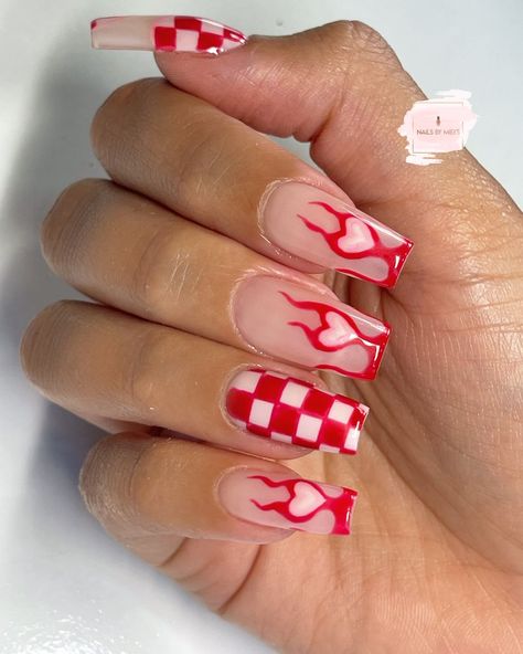 Flamesheartsnail artredpinkgel x Heart Fire Nail Art, Heart And Flame Nails, Fire Heart Nail Design, Oval Nails With Hearts, Valentines Nails Flames, Valentines Flame Nails, Flame Valentines Nails, Pink And Red Flame Nails, Heart Flames Nails