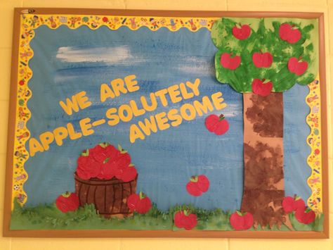 Apple tree bulletin board Bulletin Board Apple Ideas, Orchard Bulletin Board, Apple Tree Bulletin Board Preschool, Fall Bulletin Boards Apples, Apple Tree Door Decorations Classroom, Apple Sayings For Bulletin Boards, Apple Theme Bulletin Board Ideas, Apple Bulliten Board, September Toddler Bulletin Boards