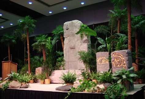 jungle stage                                                                                                                                                                                 More Jungle Stage Design, Safari Vbs, Vbs Jungle, Rock Faces, Jungle Decorations, Jungle Design, Decoration Evenementielle, Vbs Themes, Stage Props