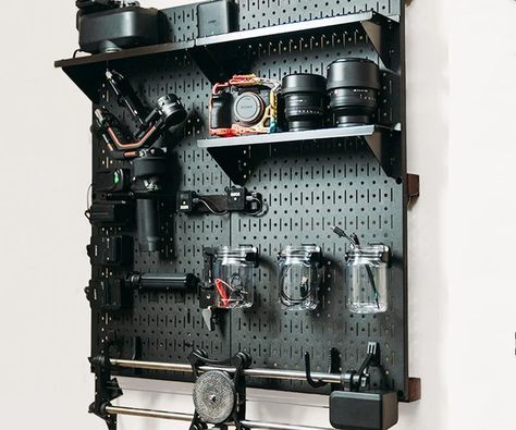 Camera Charging Wall Organizer for My Home Office : 3 Steps - Instructables Photography Equipment Storage, Camera Organization, Camera Gear Organization, Steel Pegboard, Pegboard Organization, Studio Apartment Living, Organizing Challenges, Sheet Metal Fabrication, My Home Office