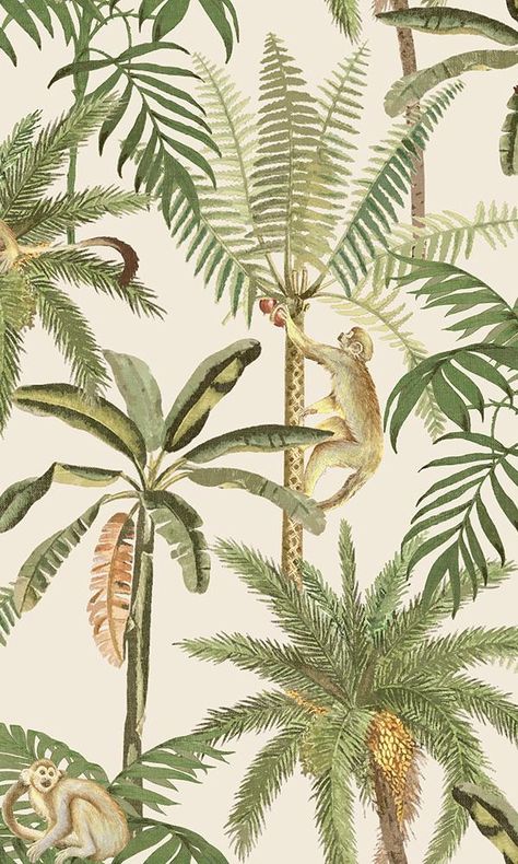 tropical monkeys wallpaper Palm Trees Wallpaper, Trees Wallpaper, Monkey Wallpaper, Paintable Wallpaper, Feature Wallpaper, Wallpaper White, Jungle Wallpaper, Tropical Wallpaper, Bird Motif