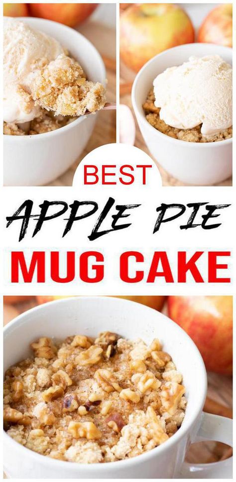 Need the BEST apple pie? Make this homemade apple pie mug cake. EASY microwave apple pie in a mug. Enjoy this single serve dessert that is quick & simple. DIY apple pie in a mug easy to make. Under 2 minute microwave mug cake that is delicious. Apple Fall food recipe to enjoy for quick Halloween desserts, Thanksgiving or Christmas food. Holiday treats loved by all. Apple pie mug cake kids & adults love. Fresh honey crisp apples recipe. For more #apple recipes see KimspiredDIY #mugcake #microwave Apple Pie Microwave, Microwave Apple Pie, Apple Pie In A Mug, Apple Pie Mug Cake, Pie In A Mug, Mug Cake Easy, Microwave Apple, Mug Dessert Recipes, Microwave Chocolate Chip Cookie