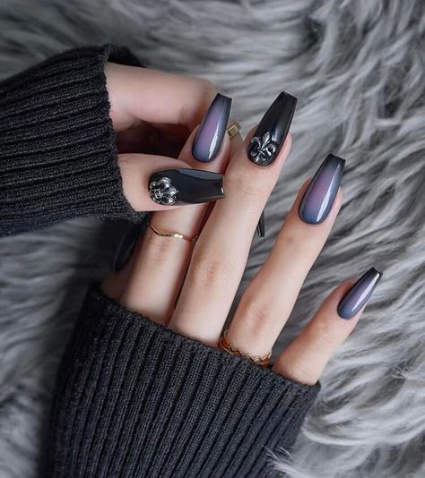 Vibrant black combined with striking purple, just like a queen💅🏼 ⏰ [ New Open Blowout Sale - 25%off ] Handmade press on nails customed for you! Using organic resin as raw material, light yet sturdy. 6 different size for you to choose. Each set comes with 10 pieces. 📦What's in the box 🔎 Customized Nails x10 🔎 Jelly Gel Stickers x1  🔎 401 Super Glue x1  🔎 Wooden Stick x1  🔎 Nail Mini File x1  🔎 Alcohol Swab x1  🙋🏻What you need to know ✨Figure out your suitable nail size with our custom Purple Set Nails, Gothic Nails Square, Smokey Nails, Customized Nails, Nails Gothic, Gothic Queen, Press On, Hello Nails, Gothic Nails