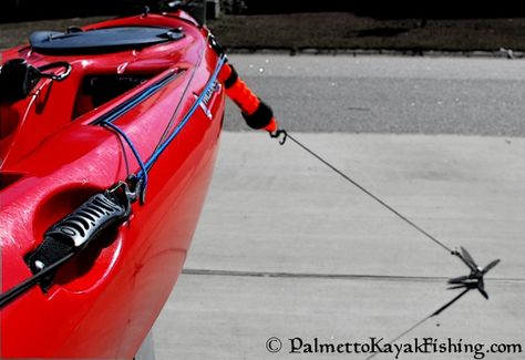 Over the past couple of months I have received a few questions on how I set up the front and rear connection points for the anchor trolley... Kayak Anchor Trolley, Kayak Fishing Setup, Kayak Anchor, Kayak Fishing Diy, Kayak Fishing Tips, Kayak Cart, Kayaking Tips, Kayaking Gear, Kayak Camping