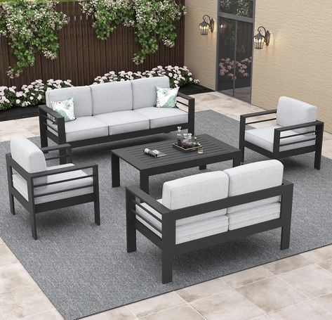 LayinSun Outdoor Aluminum Furniture Set, 5 Pieces Patio Sectional Conversation Chat Sofa Modern Seating Set with Coffee Table Sofa Modern, Aluminum Furniture, Patio Sectional, Modern Seating, Furniture Set, Outdoor Seating, Patio Furniture, Outdoor Living, Cushions