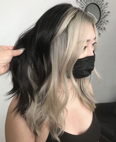 15 Creative Two Toned Hair Color Trends for 2024 Black Blonde Underneath, Black Hair With Grey Front Pieces, Two Toned Hair Underneath, Two Toned Hair Color Ideas, Black And Platinum Hair, Blonde To Black Hair, Two Tone Hairstyle, Black And Blonde Hair Ideas, Two Toned Hair Color