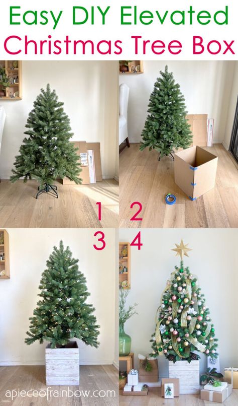 Easy $1 DIY elevated Christmas tree box stand Small Christmas Tree Holder, Christmas Tree Gift Box Ideas, Diy Christmas Tree Stand For Real Tree, Xmas Tree Box Stand, Christmas Tree Base Ideas Diy Farmhouse, Diy Tree Box Stand, Farmhouse Christmas Tree Base, Small Christmas Tree Stand Ideas, Diy Xmas Tree Stand