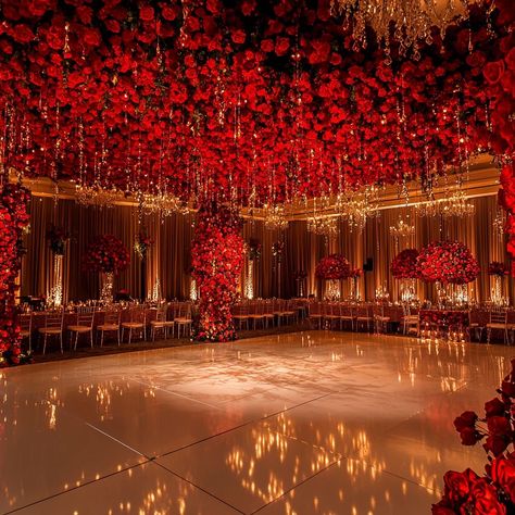 Rose Gold And Red Wedding Theme, Red Wedding Venue Decorations, Red Venue Wedding, Royal Reception Decor, Elegant Wedding Red Roses, Romantic Reception Ideas, Romantic Set Design, Red Theme Wedding Reception, Red Velvet Wedding Decor