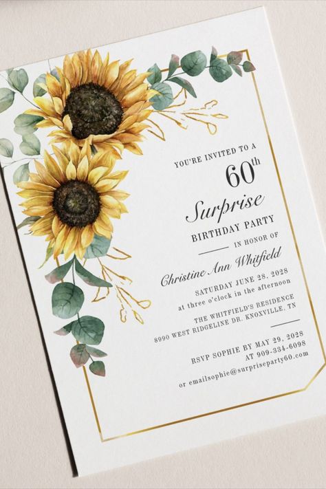 Floral Eucalyptus Sunflower Script 60th Birthday Invitation! #60thbirthday #elegant #birthday #happybirthday #birthdaycards #birthdayparty #floral #sunflower Sunflower Themed Birthday Party, Happy Birthday Sunflower, Moms 50th Birthday, 60th Birthday Invitations, 30th Birthday Invitations, Elegant Birthday, 60th Birthday Party, Birthday Surprise Party, Birthday Surprise